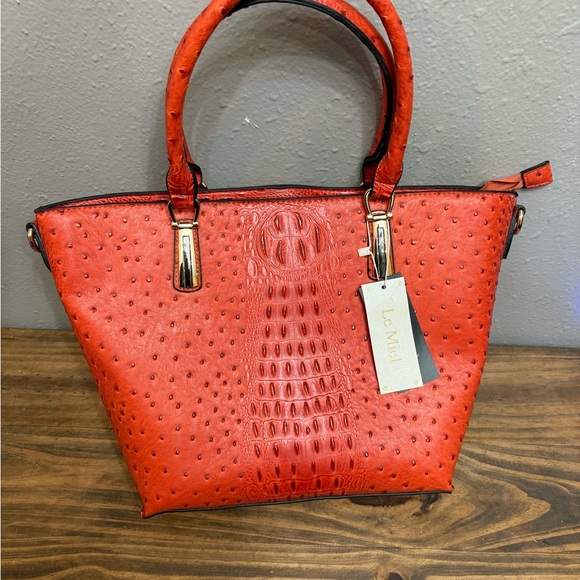 Brand New Le Miel Orange Handbag PETA approved Vegan.  Alligator / Ostrich print - Picture 3 of 16